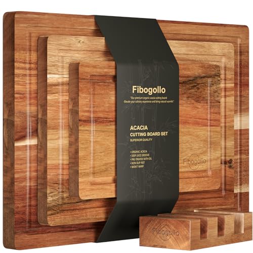 Fibogollo Acacia Wood Cutting Boards for Kitchen(Set of 3) Wooden Chopping Boards Set with Juice Groove Chopping Board with Holder Butcher Block for Meat Vegetables Fruit