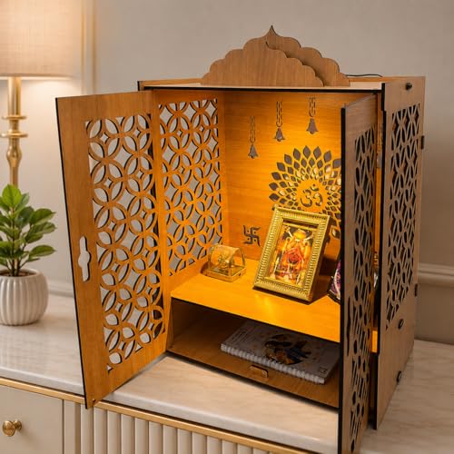 Image of Zesta Wooden Mandir for Home Big Size | DIY Pooja Mandir with LED Spot Light | Devghar Cabinet for Living Room or Office | Wall Mounted Pooja Unit for Home (Big Mandir with Door)