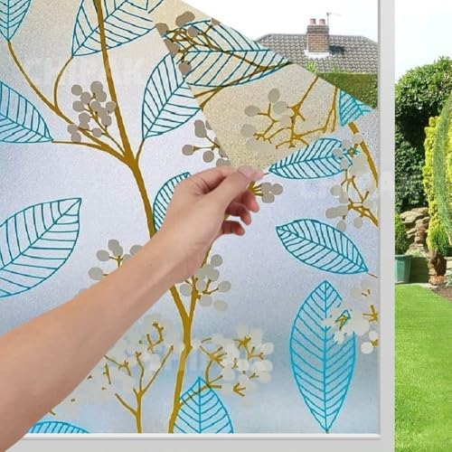 Image of CHIPAK Premium Vinyl Privacy Stained Window Glass Film (16x200 Inch) - Self-Adhesive Decorative Sticker Opaque Sheet Tint Wallpaper for Glass Cover Window, Door, Office, Home.| Anti-UV. Blue Leaves