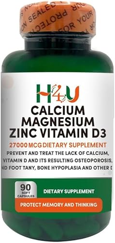 H4U Calcio Magnesio Zinc D3  Suplemento de 120 cápsulas blandas  Calcio 10000 mcg, magnesio 10000 mcg, zinc 2000 mcg, vitamina D3 100 mcg  Sin OMG