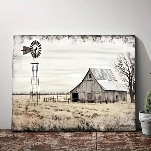 Décoration de salon style ferme avec tableau vintage de moulin et grange sur toile 40x60
