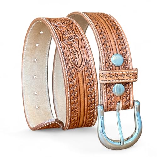 DANIEL'S ARTPLANET Western Leather Belt for Men Handmade Full Grain Leather Tooled Cowboy Belt with Buckle 1.5” Wide Embossed