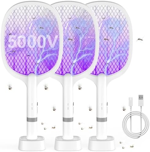 YOUBST Elektrische Fliegenklatsche 5000V, Extra Stark Fliegenklatsche Elektrisch, 2 in 1 USB Typ-C Elektro Mückenklatsche mit Akku Aufladbar& UV Lichtfalle für Mücken, Fliegen, Wes