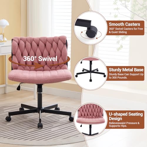 GarveeHome Criss Cross Chair with Wheels, Wide Seat Home Office Desk Chair, Armless Makeup Vanity Chair, Modern Cross Legged Swivel Comfy Chair, Computer Task Chair for Home Office, Pink