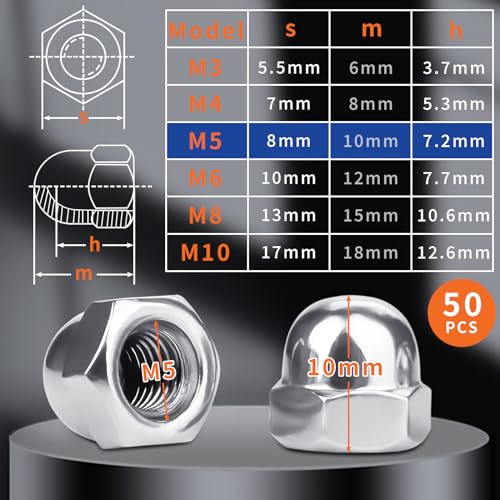 SWTYExt Hutmuttern M5 Edelstahl 50 Stück Hutmutter DIN 1587 Hohe Form Hochwertige A2 V2A Kappenmuttern Sechskant Hutmuttern für Schrauben Gewindestangen & Gewindebolzen