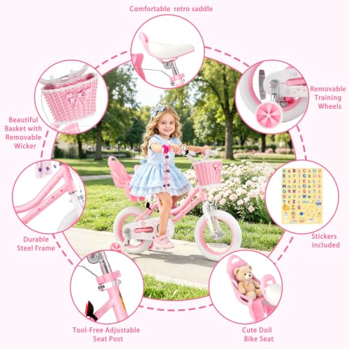 Image of Glaf Toddler Girls Bike for Age 2-12 Years Old | 12 14 16 20 Inch Kids Bike Girls Bicycle with Training Wheels,Basket,Doll Seat,Princess Style Kids Bicycle Gift
