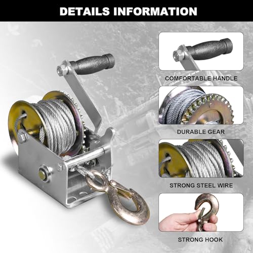 Image of Big RED ATRT1061CRR Torin Manual Hand Crank Winch: 26.3ft Steel Cable with 600lbs Capacity, Silver
