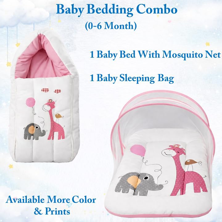 Image of Toddylon 2 PCS Baby Bedding Set for New Born | Baby Bed with Mosquito Net | Cotton Carry Beg | Mattress for Infants 0-6 Months | Baby Essentials | Gift Combo for Just Born Boys & Girls (Pink)