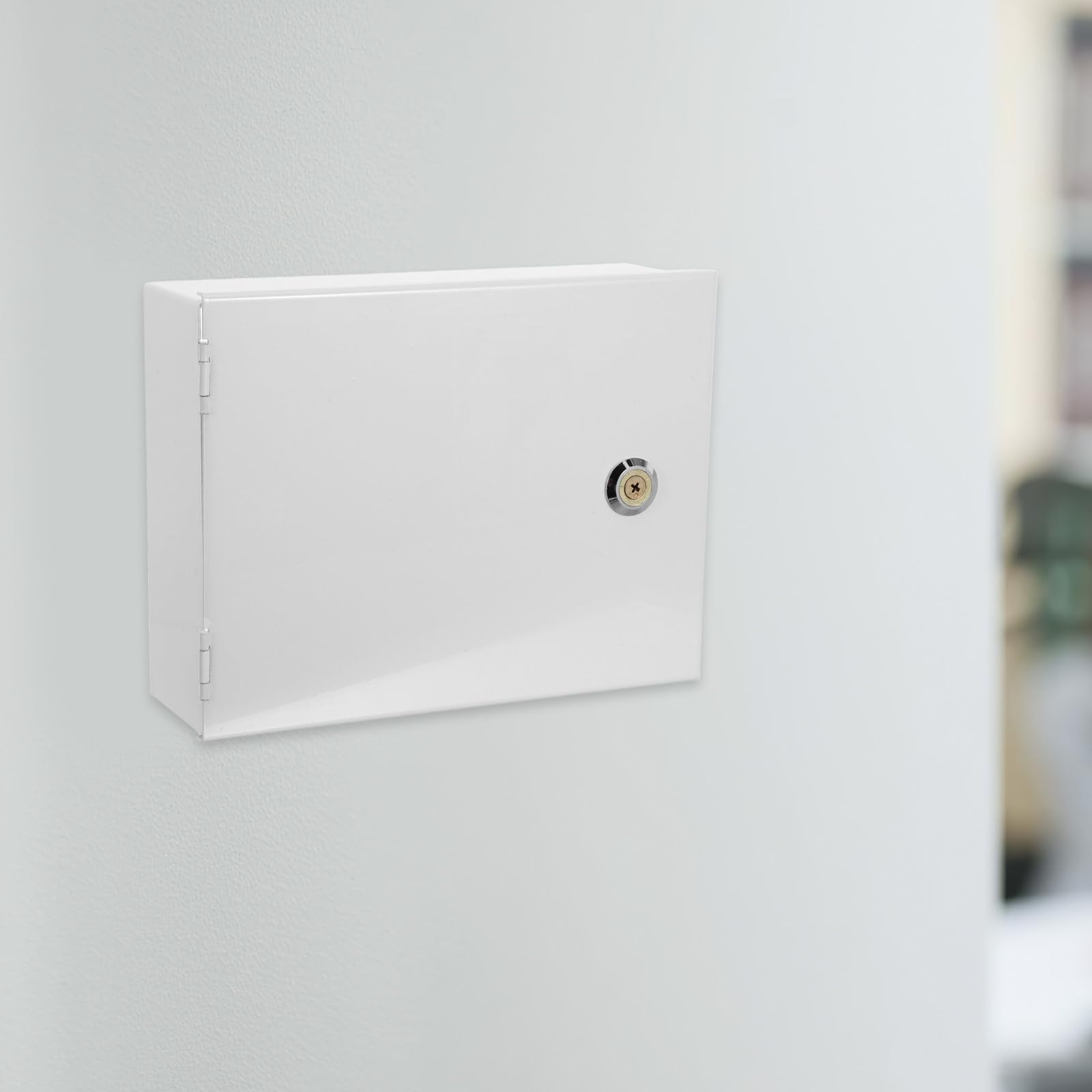 Caja de Seguridad de Hierro Blanco con Llave para Panel de Alarma, Resistente Intemperie, Fácil Instalación y Montaje en Pared para Hogares y Tiendas