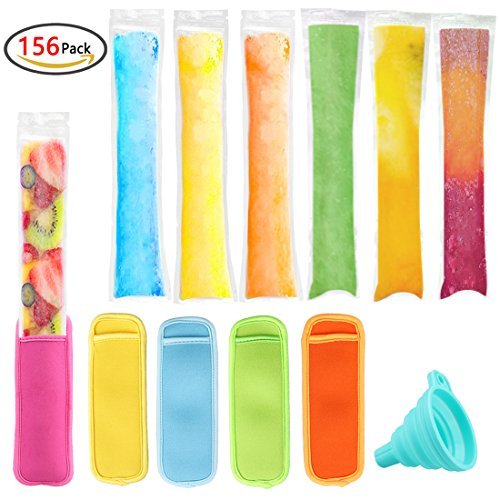 Homder 150 Pack Zip-Top Popsicle Molds Bags with 5 PCS Ice Pop Sleeves and Funnel For Gogurt,Ice Candy,Otter Pops BPA Free and FDA Approved Disposable Ice Pop Bags Maker