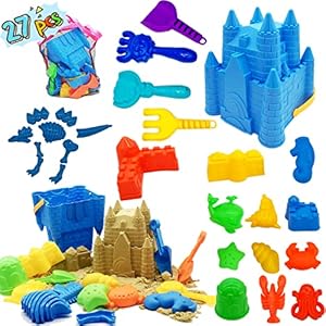 Beach Toys Sand Toys for Kids, 27 pcs Sand Castle Building Kit Sand Molds, Beach Bucket, Beach Shovel Tool, Sandbox Toys for Toddlers, Beach Accessories Outdoor Indoor Gift with Mesh Bag