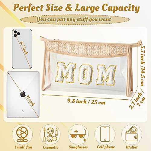 Boho Patch Makeup Bag For Mother Clear Toiletry Bag Varsity Letter Travel Cosmetic Bag Beige Transparent Waterproof Best Mother Zipper Makeup Pouch Mother's Day Gift For Women Girls (Mom) #TOP1