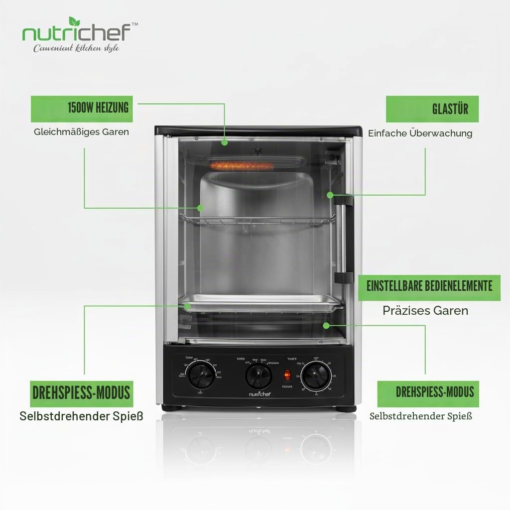 NutriChef Heißluft-Multiofen mit Drehspieß – 23 L Mini-Backofen mit Umluft und Grillfunktion Dönergrill für Zuhause, Kebab und Hähnchengrill, Kompakter Elektroofen mit Timer und Temperaturregelung