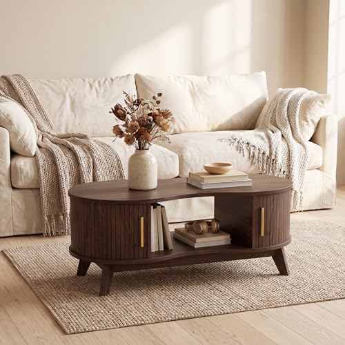 Homiflex Coffee Table, Dual Oval Coffee Table with with Storage Cabinet and Sliding Tambour Door, 2-Tier Open Storage Shelf, Mid Century Modern Coffee Tables for Living Room, Walnut