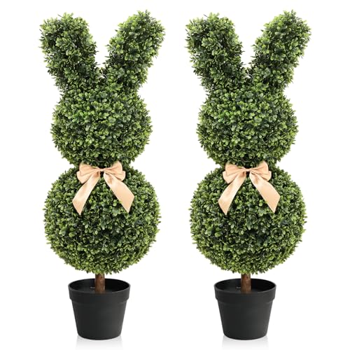 momoplant Easter Artificial Bunny Boxwood Topiary 35inch Faxe Bunny Shaped Topiary Trees with Plastic Planter Pot Set of 2 Faux Plants for Porch Outdoor & Indoor