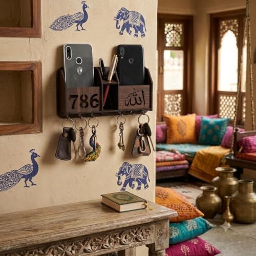 Image of CAPIO ART Wooden Key Holders for Home Wall Stylish | Wooden Wall Mounted Decorative Key Chain Hanger with 6 Hooks, 2 Mobile & 1 Pen Holder Storage for Home & Office | Multipurpose Organiser | Brown