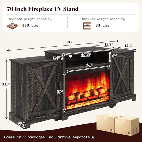 Image of AMERLIFE 70 inch Farmhouse Fireplace TV Stand for TVs up to 80 inch, Entertainment Center with 29 inch Electric Fireplace, Media Console with Storage Cabinets & Adjustable Shelf, Rustic Black