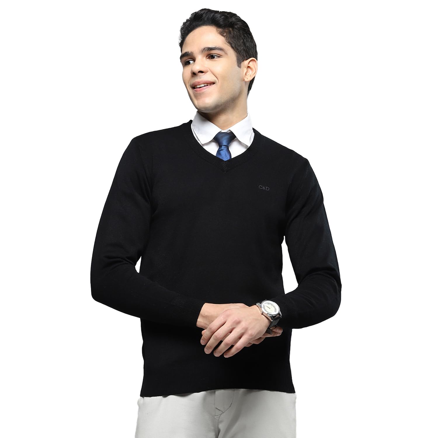 cloak & decker Mens Solid Black V Neck Full Sleeves Pullover-picture-23