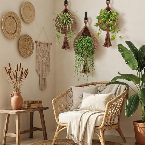 Image of Honeydak 3 Hanging Baskets, White, Tassel, Cotton Rope