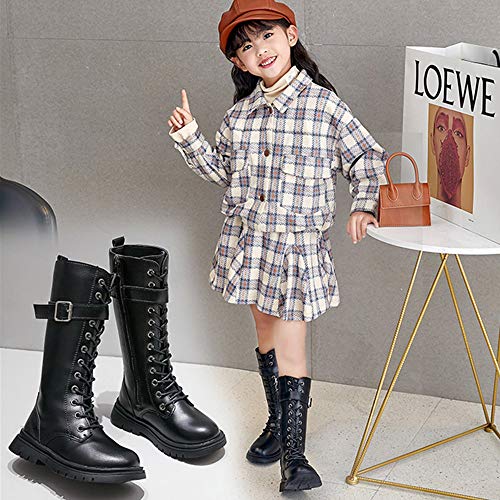 Girl's Fashion Waterproof Leather Buckle Lace-Up Side Zipper Knee High Mid Calf Combat Riding Boots Girls Autumn Winter Boots4