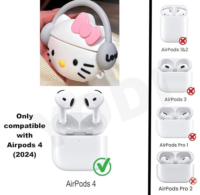 Image of Emoh Roced Case for AirPodS 4 (2024) with Keychain (ANC), Cute Cartoon Shockproof Protective Cover Compatible with Apple AirPods 4th Generation 2024 for Women and Boys (Cool Kitty)