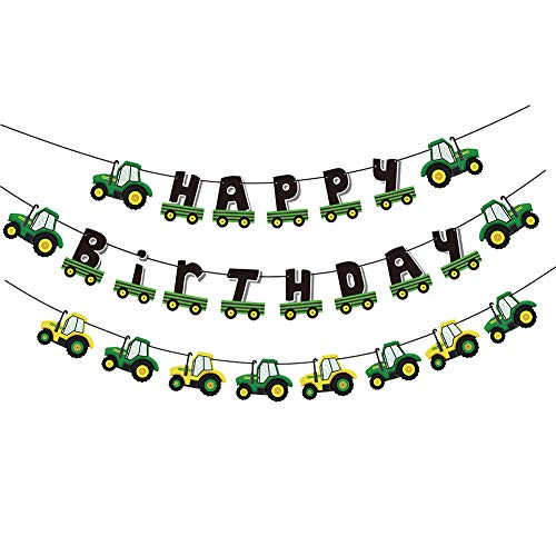Farm Green Tractor Happy Birthday Banner Construction Birthday Banner Tractor Time Toddler Kids Birthday Decorations SUNBEAUTY (Green Black - Tractor)