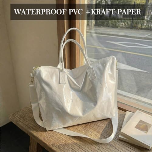 Image of PVC Tote Bag Gifts for Women Large Tote Purse Kraft Paper Letter Print Hobo Handbags for Work Beach Shopping Travel