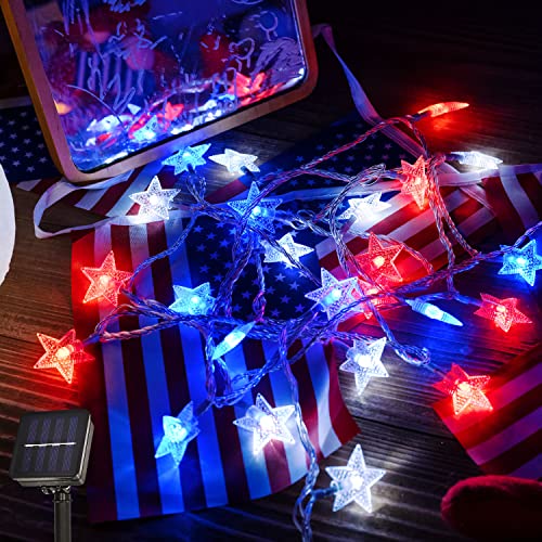 ZHOUDUIDUI Red White Blue Solar Lights 4th of July Decor Star String Lights 100LED Garden Solar Lights 51FT Waterproof 8 Modes for Outdoor Garden 4th of July Independence Day Memorial Day Decor