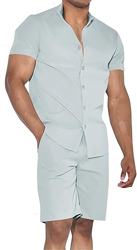Miniatura 2 de Uni Clau Conjunto corto de 2 piezas para hombre, conjunto de camisa con botones y pantalones cortos, conjunto de chándal de playa
