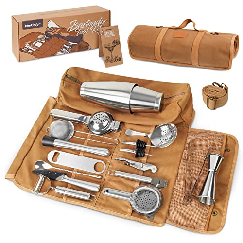 Verkinly 21-Piece Travel Bartender Kit Bag, Professional Bar Tool Set With Shoulder Strap For Easy Carry & Storage, Portable Travel Bar Set For Home Cocktail Making, Parties, Outdoor Camping, Work #TOP26