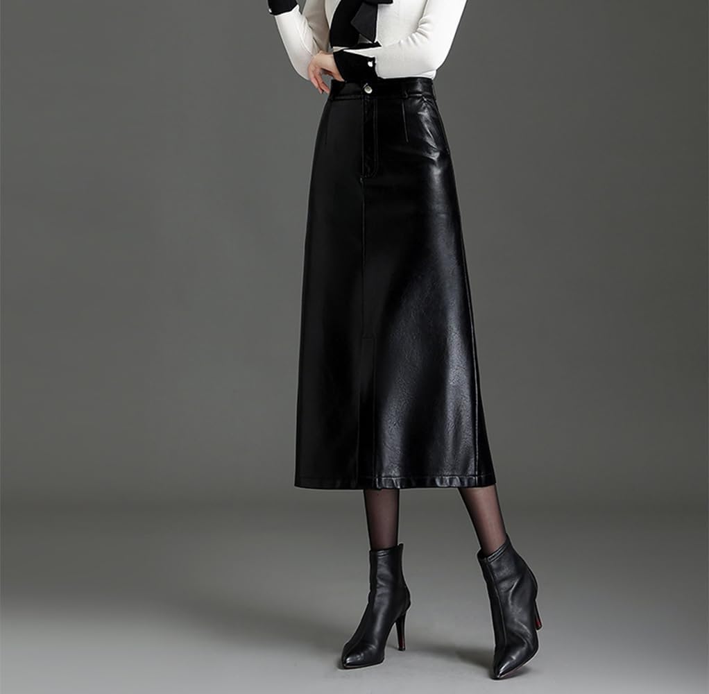 Women's Genuine Leather high-Waisted Elegant and Form-Fitting Front Slit Large-Sized A-line Half-Length Leather Skirt