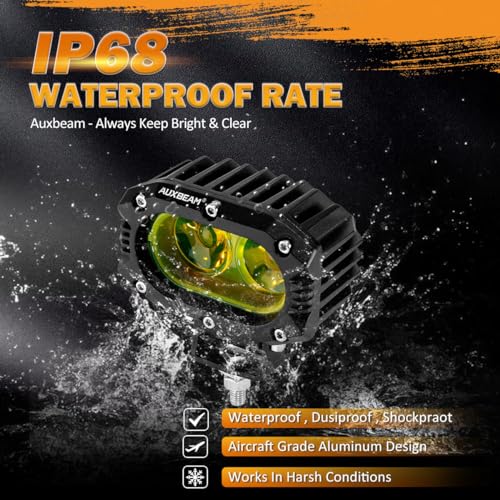 Image of Auxbeam R4 Series 4 Inch LED Amber Pod 60W Driving Flood Beam Square Light | 3500K Amber Light, 120 Wide Flood Beam, 6000LM Output, Better Visibility in Fog & Rain, IP68 Rated, Built for Offroad, Pair