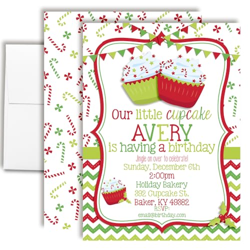 Personalized Cupcake Red and Green Christmas Invitations Custom Holiday Invite