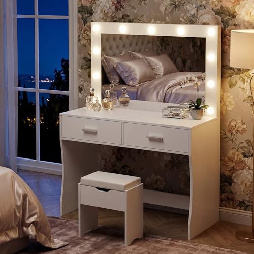 Image of YESHOMY Vanity Desk with Mirror,Makeup Vanity Table with 11 Adjustable Lights and 2 Spacious Drawers,3 Lighting Modes with Control&Soft-Padded Storage Stool,Modern Bedroom Vanity Set, Pure White