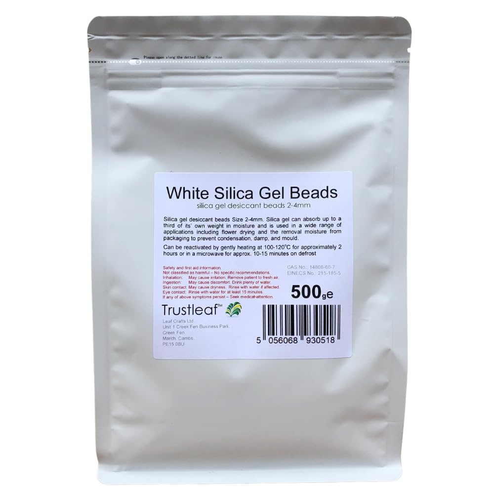 Trustleaf 1kg White Silica Gel 2-4mm Beads - Resealable Bag - Dehumidify - Flower Drying - Storage - (1kg Bag - WB)