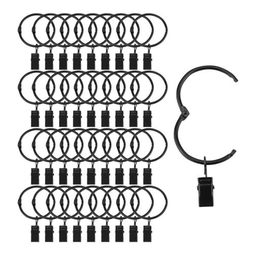 Suneration 36 Pack Openable Curtain Rings with Clips Metal Hangers Ring 2 inch Interior Diameter Rust Proof for Heavy Duty Vintage Decorative Drapery Eyelet Curtain Rods Black