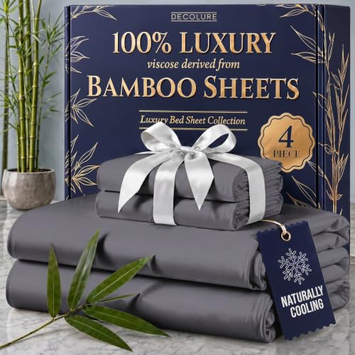 Image of DECOLURE 100% Viscose Derived from Bamboo Sheets California King Size - Luxury 4 Pc Naturally Cooling Sheets, Ultra Soft Bed Set - Deep 17 inch Pockets, Double Stitching, Oeko Tex Standard (Grey)