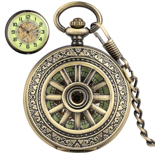 CHICHIYANG Relógio de bolso com padrão romano gravado esqueleto vintage luminescente com corrente de