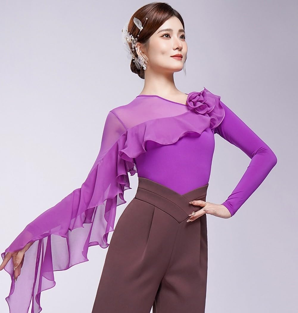 [BEYLOR] 社交ダンストップス/レオタード 2種類スタイル選択可能 4色展開 フリル 立体花装飾 非対称デザイン メッシュ素材