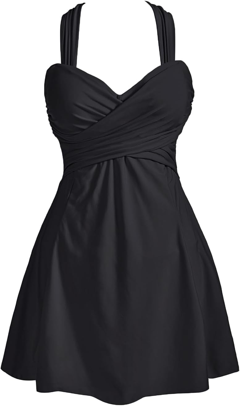 COCOPEARWomen's Elegant Crossover One Piece Swimdress Floral Skirted Swimsuit