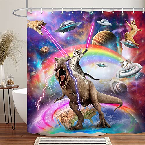Image of Funny Cat Shower Curtain Boys Kids Bathroom Decor, Cool Riding Dinosaur On Fantasy Galaxy Hilarious Curtain, Funky Outer Space Universe Anime Fabric with 12PCS Hooks, 70X84IN