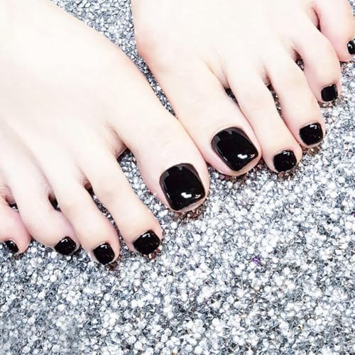 Image of Classic Black Press on Toenails Short Square Fake Toe Nails Full Cover Glossy Stick on Toe Nails for Women Daily Manicure 24Pcs