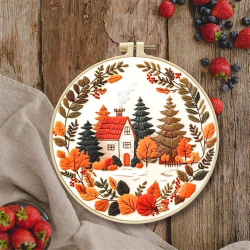 Image of Huacan Embroidery Kit for Beginners Adults Includes Stamped Flower Pattern, Hoop, Color Threads,Tools,Easy to Follow Instruction (House)