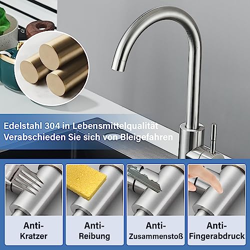 Wasserhahn Küche Küchenarmatur Gebürsteter Nickel Edelstahl Mischbatterie Küche 360° Schwenk Einhebelmischern Armatur Küche Hochdruck Spültischarmatur Küche Hoher Auslauf – Bild 5