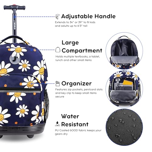Image of J World Sunrise Kids Rolling Backpack with Wheels for Girls Boys, Roller Bookbag for School, 18 x 13 x 9 Inches, Joy Daisy