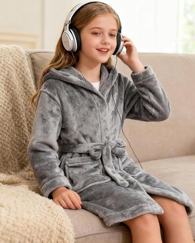 Image of Girls Fleece Hooded Robes, Warm Printed Bath Robe for Kids Soft Fuzzy Bathrobe for Gifts