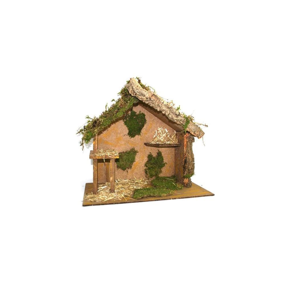 Capanna Presepe Vuota con Scala per Natività Gigante in Legno con Muschio e Tetto di Sughero, Legno, Dimensioni 53 x 33 x h. 50 cm Sacra per soggetti Fino a 25 cm