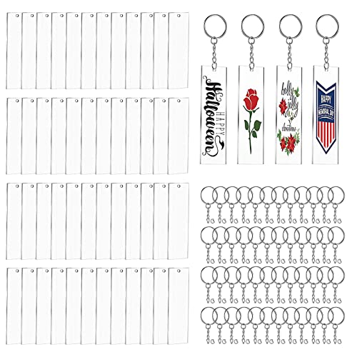 Acrylic Keychain Blanks,144Pcs Clear Keychains Set Including 48 Pcs Rectangle Clear Acrylic Ornament Blanks (2 x 8cm) 48 Pcs Key Rings with Chain and 48 Pcs Jump Rings for Vinyl Crafting DIY
