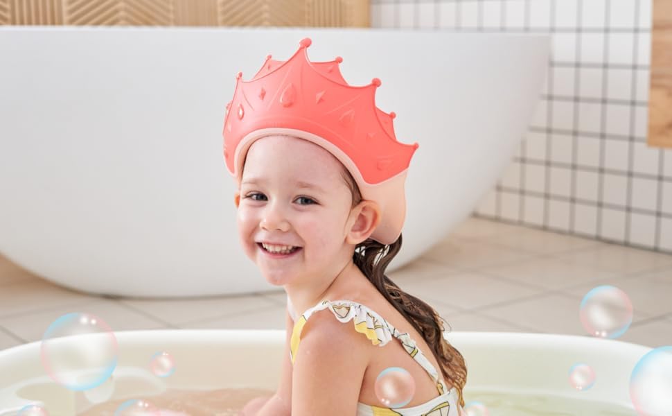 Image of Baby Shower Cap, Shower Cap for Kids 0-9 Years, Adjustable Silicone Crown with Eye & Ear Protection, Waterproof Bathing Hat for Washing Hair