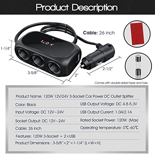 3-Socket Car Cigarette Lighter Splitter Adapter, 2 Usb Splitter Extender [120W] [12V/24V] [3.1A Dual Usb Car Charger] [Black] For Device With Emergency Warning Light #TOP1